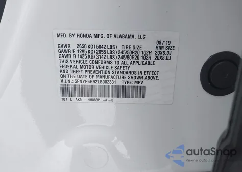 2020 Honda Pilot Awd Touring 8 Passenger z USA, uszkodzony, nr VIN 5FNYF6H92LB002331